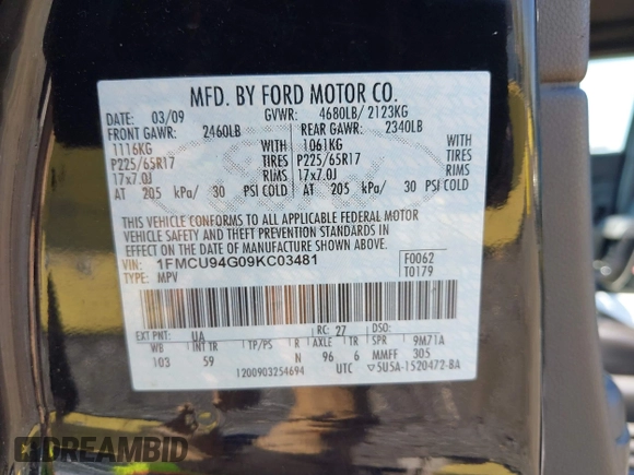 2009 Ford Escape Limited с VIN 1FMCU94G09KC03481, выставлен на аукционе IAAI как лот 42126118 с пробегом 167 446 миль миль и . История ставок и продаж доступна на DreamBid. Изображение 9.