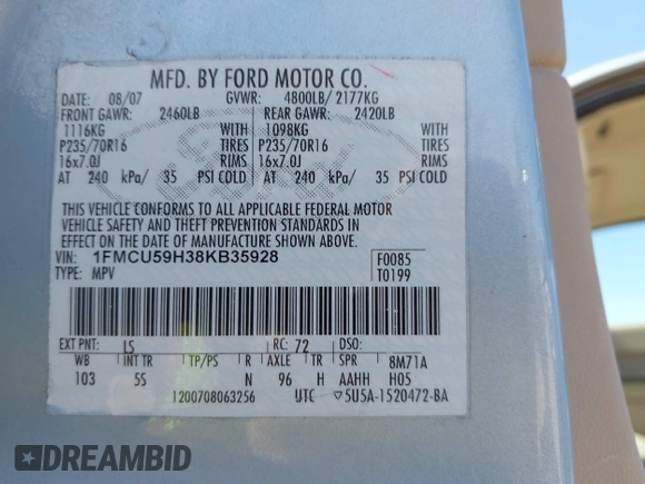 2008 Ford Escape Hybrid with VIN 1FMCU59H38KB35928, listed as a IAAI auction lot 42513127 with 145,153 mi miles and . Bid and sale history available at DreamBid. Image 9.