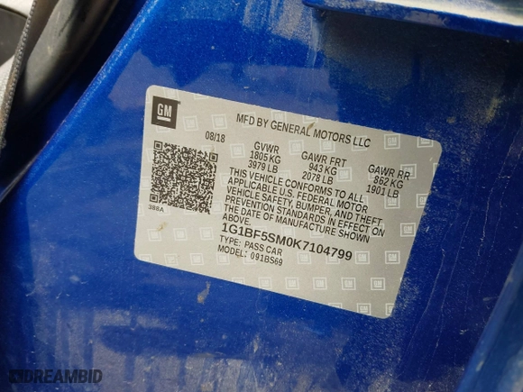2019 Chevrolet Cruze Premier with VIN 1G1BF5SM0K7104799, listed as a IAAI auction lot 41955692 with 1 mi miles. Bid and sale history available at carsss.com. Image 9.