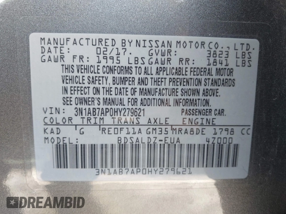 2017 Nissan Sentra SV with VIN 3N1AB7AP0HY279621, listed as a IAAI auction lot 41964052 with 110,368 mi miles and . Bid and sale history available at DreamBid. Image 9.