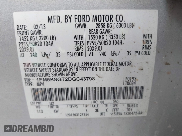 2013 Ford Explorer Sport with VIN 1FM5K8GT2DGC43798, listed as a IAAI auction lot 41673354 with 182,994 mi miles and . Bid and sale history available at carsss.com. Image 9.