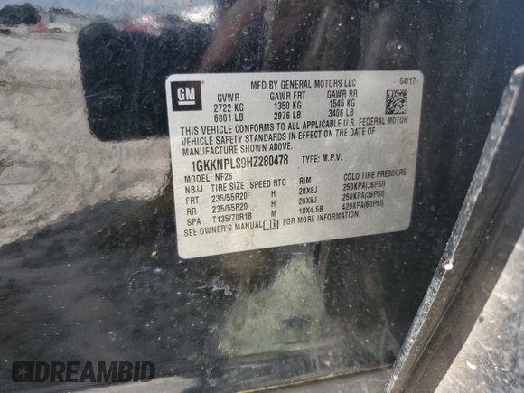 2017 GMC Acadia Denali with VIN 1GKKNPLS9HZ280478, listed as a Copart auction lot 59927225 with 78,210 mi miles and Salvage title. Bid and sale history available at DreamBid. Image 12.
