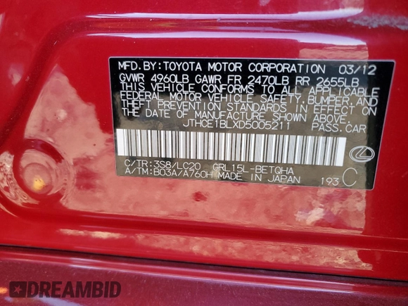 2013 Lexus GS 350 with VIN JTHCE1BLXD5005211, listed as a Copart auction lot 50029745 with 158,248 mi miles and Salvage title. Bid and sale history available at DreamBid. Image 12.