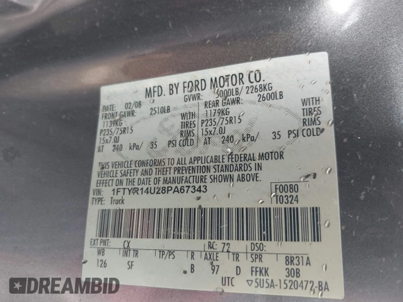 2008 Ford Ranger XL with VIN 1FTYR14U28PA67343, listed as a IAAI auction lot 42115510 with 179,772 mi miles. Bid and sale history available at carsss.com. Image 9.
