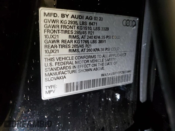 2023 Audi Q8 Premium with VIN WA1AVBF17PD020440, listed as a Copart auction lot 87322714 with 9,963 mi miles and Salvage title. Bid and sale history available at DreamBid. Image 14.