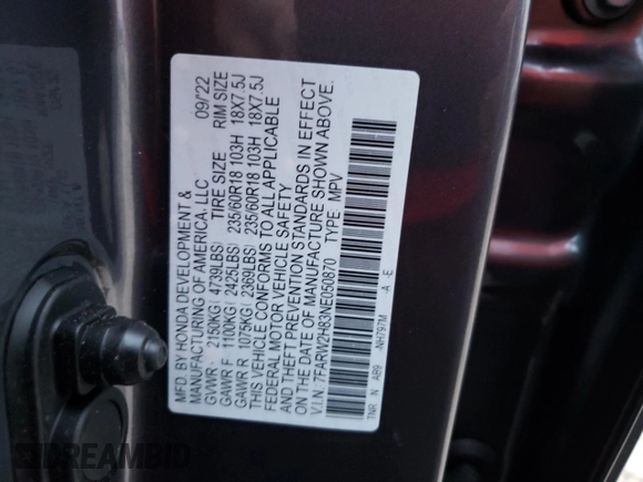 2022 Honda CR-V EX-L with VIN 7FARW2H83NE050870, listed as a Copart auction lot 72884372 with 1,613 mi miles and . Bid and sale history available at DreamBid. Image 14.