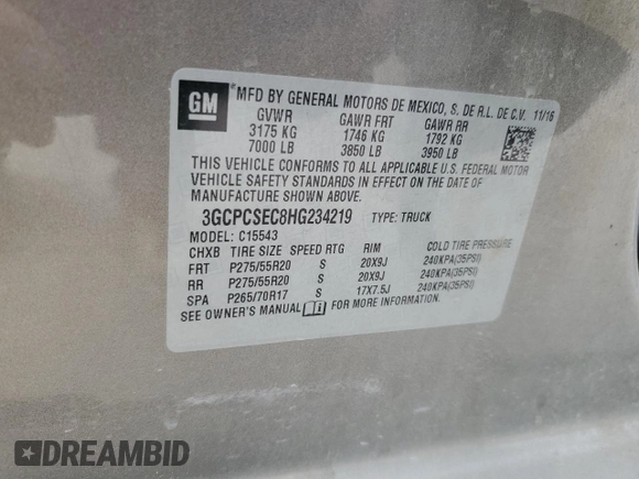 2017 Chevrolet Silverado 1500 LTZ with VIN 3GCPCSEC8HG234219, listed as a Copart auction lot 87832935 with 148,583 mi miles and Salvage Title. Bid and sale history available at DreamBid. Image 13.