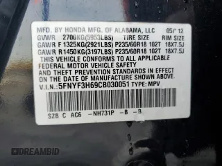 2012 Honda Pilot EX-L z VIN 5FNYF3H69CB030051, wystawiony jako Copart lot #86844324 z przebiegiem 175 745 mil mil oraz Szkoda całkowita • Salvage title. Historia ofert i sprzedaży dostępna na DreamBid. Obrazek 13.
