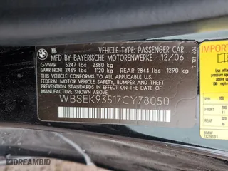2007 BMW 6 Series M6 with VIN WBSEK93517CY78050, listed as a Copart auction lot 77891944 with 83,403 mi miles and Salvage Title. Bid and sale history available at carsss.com. Image 12.
