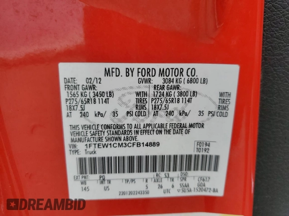 2012 Ford F-150 XL z VIN 1FTEW1CM3CFB14889, wystawiony jako Copart lot #53719045 z przebiegiem 255 427 mil mil oraz Szkoda całkowita • Salvage title. Historia ofert i sprzedaży dostępna na DreamBid. Obrazek 12.
