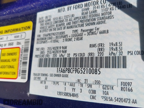2016 Ford Mustang GT with VIN 1FA6P8CF9G5210085, listed as a IAAI auction lot 42482013 with 110,966 mi miles and . Bid and sale history available at DreamBid. Image 9.