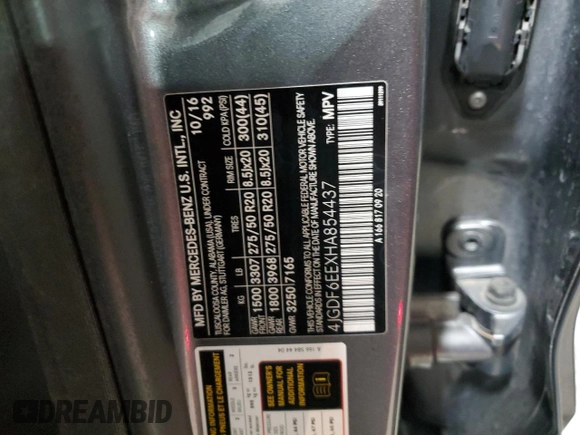 2017 Mercedes-Benz GLS 450 with VIN 4JGDF6EEXHA854437, listed as a Copart auction lot 53720415 with 105,375 mi miles and Salvage title. Bid and sale history available at DreamBid. Image 14.