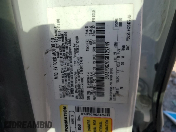 2016 Ford Fusion S with VIN 3FA6P0G70GR125749, listed as a Copart auction lot 51893685 with 180,085 mi miles and Clean title. Bid and sale history available at DreamBid. Image 12.