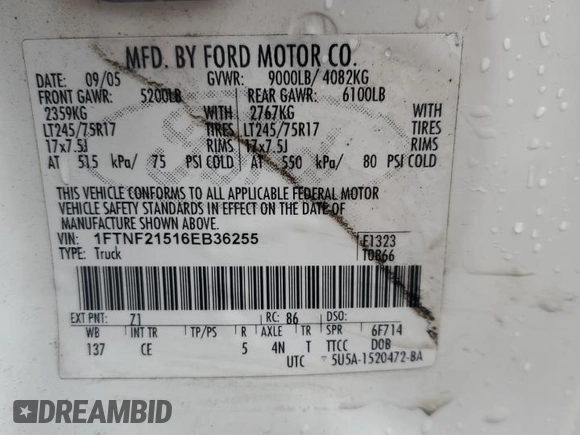 2006 Ford F-250 XL with VIN 1FTNF21516EB36255, listed as a Copart auction lot 60056485 with 117,481 mi miles and Salvage title. Bid and sale history available at DreamBid. Image 12.