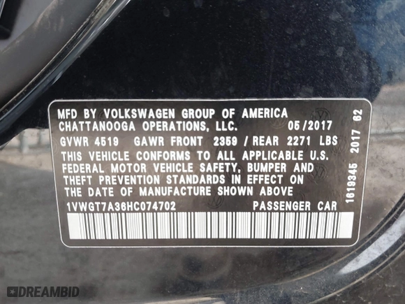 2017 Volkswagen Passat 1.8T SE w/Technology with VIN 1VWGT7A36HC074702, listed as a IAAI auction lot 41805024 with 124,857 mi miles. Bid and sale history available at carsss.com. Image 9.