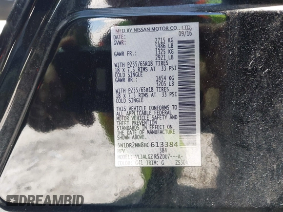 2017 Nissan Pathfinder S z VIN 5N1DR2MN8HC613384, wystawiony jako IAAI lot #41826359 z przebiegiem 138 960 mil mil oraz . Historia ofert i sprzedaży dostępna na DreamBid. Obrazek 9.