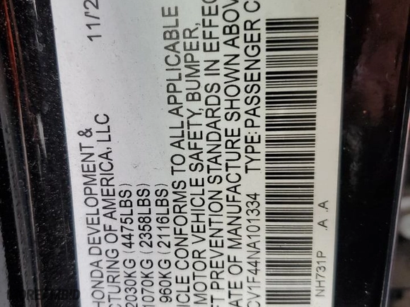 2022 Honda Accord Sedan Sport SE with VIN 1HGCV1F44NA101334, listed as a Copart auction lot 43177315 with 73,010 mi miles and Non Repairable. Bid and sale history available at carsss.com. Image 14.