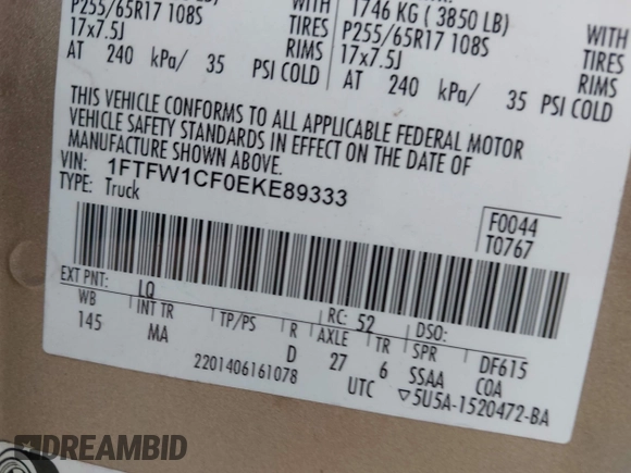 2014 Ford F-150 XL with VIN 1FTFW1CF0EKE89333, listed as a IAAI auction lot 42576436 with 222,029 mi miles and . Bid and sale history available at DreamBid. Image 9.