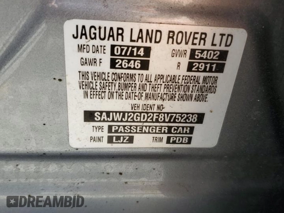 2015 Jaguar XJ Portfolio with VIN SAJWJ2GD2F8V75238, listed as a Copart auction lot 73633984 with 102,545 mi miles and Salvage title. Bid and sale history available at DreamBid. Image 12.