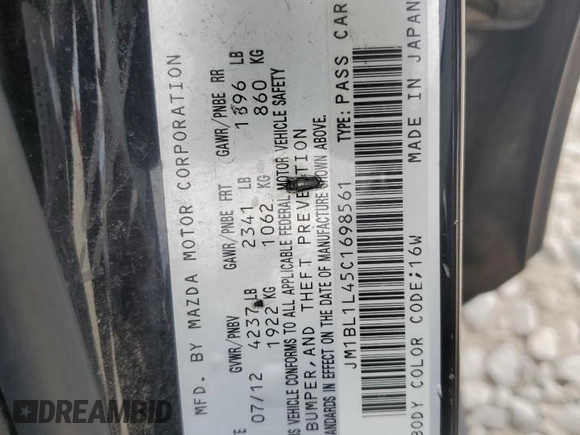 2012 Mazda 3 Mazdaspeed3 Touring with VIN JM1BL1L45C1698561, listed as a Copart auction lot 58538025 with 119,947 mi miles and Salvage title. Bid and sale history available at DreamBid. Image 12.