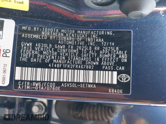 2015 Toyota Camry XLE with VIN 4T4BF1FK2FR467882, listed as a IAAI auction lot 42058933 with 126,022 mi miles and . Bid and sale history available at carsss.com. Image 9.