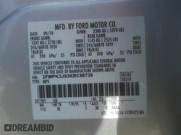 2019 Ford Edge SEL with VIN 2FMPK3J93KBC68738, listed as a Copart auction lot 52214115 with 83,192 mi miles and Salvage Title. Bid and sale history available at carsss.com. Image 13.