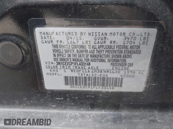 2015 Nissan Note SR с VIN 3N1CE2CP1FL433148, выставлен на аукционе IAAI как лот 42581166 с пробегом 124 548 миль миль и . История ставок и продаж доступна на DreamBid. Изображение 9.