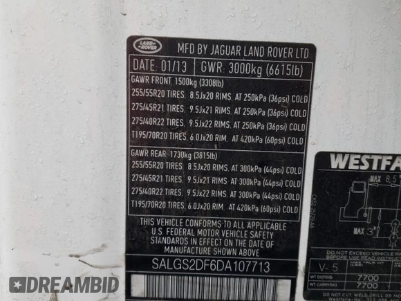 2013 Land Rover Range Rover HSE with VIN SALGS2DF6DA107713, listed as a Copart auction lot 49045425 with 191,649 mi miles and Clean title. Bid and sale history available at DreamBid. Image 13.