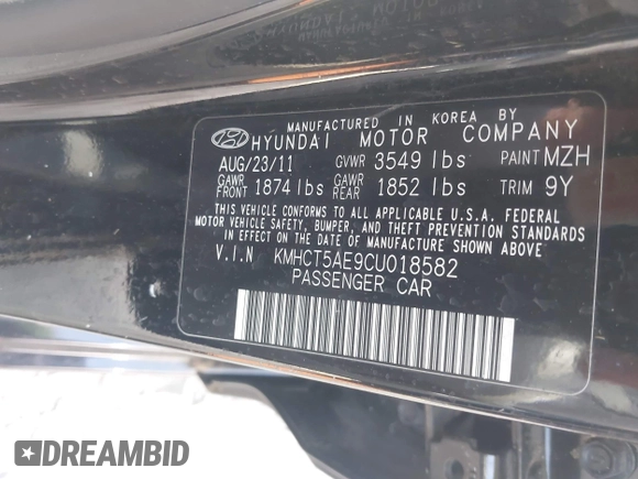 2012 Hyundai Accent GS with VIN KMHCT5AE9CU018582, listed as a IAAI auction lot 42761005 with 87,655 mi miles and . Bid and sale history available at DreamBid. Image 9.