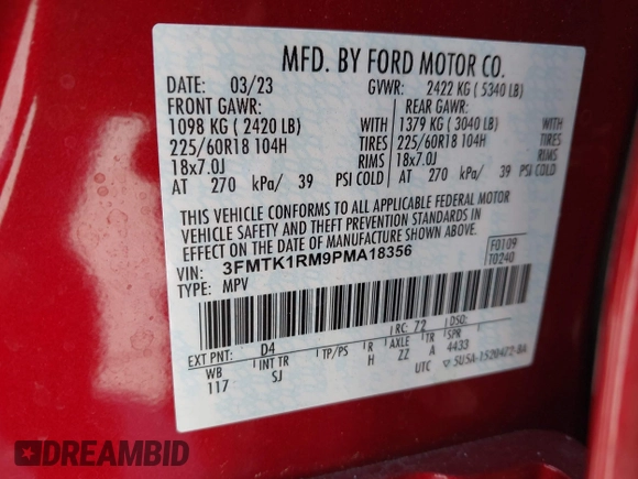 2023 Ford Mustang Mach-E Select with VIN 3FMTK1RM9PMA18356, listed as a IAAI auction lot 42478275 with 38,904 mi miles and . Bid and sale history available at DreamBid. Image 9.