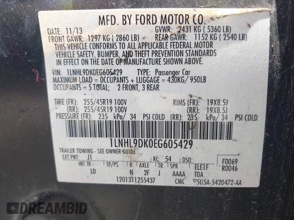 2014 Lincoln MKS with VIN 1LNHL9DK0EG605429, listed as a IAAI auction lot 42809745 with 127,038 mi miles and . Bid and sale history available at DreamBid. Image 9.