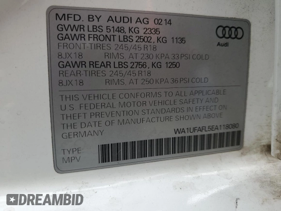 2014 Audi allroad Premium Plus with VIN WA1UFAFL5EA118080, listed as a Copart auction lot 60745744 with 78,962 mi miles and Salvage Title. Bid and sale history available at carsss.com. Image 14.