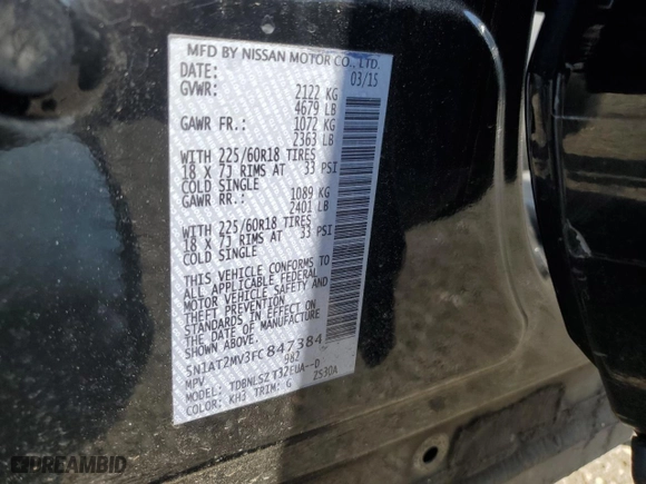 2015 Nissan Rogue SL with VIN 5N1AT2MV3FC847384, listed as a Copart auction lot 53914355 with 117,413 mi miles and Salvage Title. Bid and sale history available at carsss.com. Image 14.