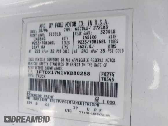 1997 Ford F-150 with VIN 1FTDX17W1VKB80288, listed as a IAAI auction lot 41836485 with 73,724 mi miles and . Bid and sale history available at DreamBid. Image 9.
