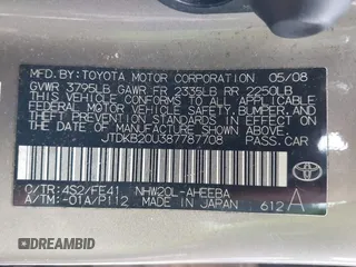2008 Toyota Prius with VIN JTDKB20U387787708, listed as a IAAI auction lot 41544365 with 132,439 mi miles and . Bid and sale history available at carsss.com. Image 9.