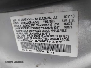 2010 Honda Odyssey EX-L с VIN 5FNRL3H77AB098271, выставлен на аукционе IAAI как лот 42030508 с пробегом 204 474 миль миль и . История ставок и продаж доступна на DreamBid. Изображение 9.