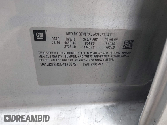 2014 Chevrolet Sonic LT с VIN 1G1JC5SH5E4170875, выставлен на аукционе IAAI как лот 42367419 с пробегом 152 289 миль миль и . История ставок и продаж доступна на DreamBid. Изображение 9.