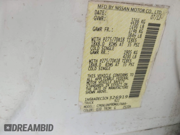 2012 Nissan Titan SL with VIN 1N6BA0EC1CN326919, listed as a IAAI auction lot 42630368 with 230,215 mi miles and . Bid and sale history available at DreamBid. Image 9.