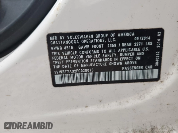 2015 Volkswagen Passat Sport с VIN 1VWBT7A32FC028078, выставлен на аукционе Copart как лот 85415034 с пробегом 120 762 миль миль и Списание • Salvage title. История ставок и продаж доступна на DreamBid. Изображение 15.