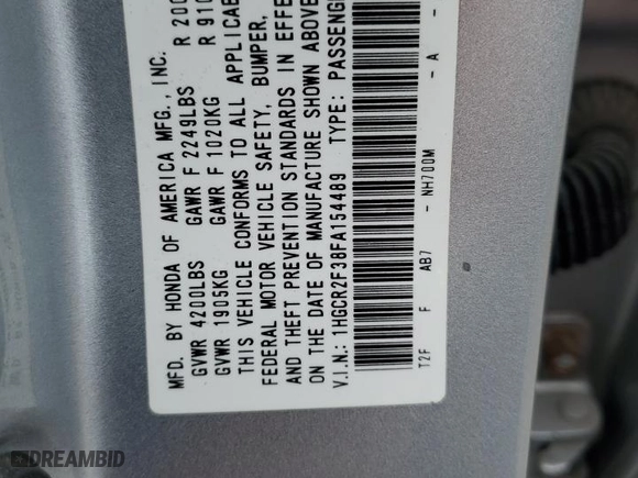 2015 Honda Accord Sedan LX with VIN 1HGCR2F38FA154489, listed as a Copart auction lot 52977315 with 151,763 mi miles and Salvage Title. Bid and sale history available at carsss.com. Image 12.