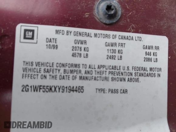 2000 Chevrolet Impala with VIN 2G1WF55KXY9194465, listed as a IAAI auction lot 42771914 with 203,891 mi miles and . Bid and sale history available at DreamBid. Image 9.