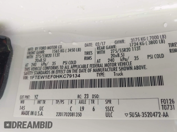 2017 Ford F-150 XL with VIN 1FTEW1EF0HKC79134, listed as a IAAI auction lot 41909992 with 241,488 mi miles and . Bid and sale history available at DreamBid. Image 9.