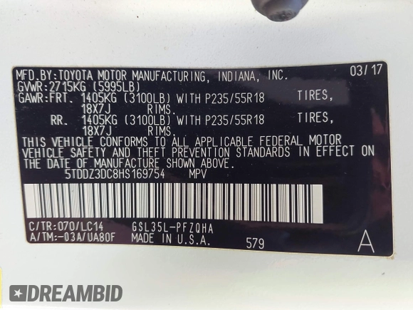 2017 Toyota Sienna with VIN 5TDDZ3DC8HS169754, listed as a IAAI auction lot 42146445 with 70,572 mi miles and . Bid and sale history available at DreamBid. Image 9.