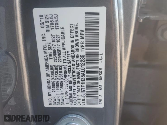 2010 Honda Accord Crosstour EX with VIN 5J6TF1H35AL012235, listed as a Copart auction lot 86903904 with 76,654 mi miles and Salvage Title. Bid and sale history available at carsss.com. Image 12.
