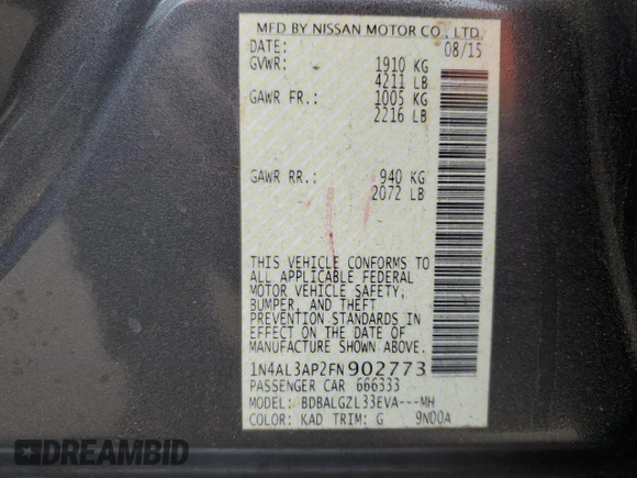 2015 Nissan Altima S with VIN 1N4AL3AP2FN902773, listed as a Copart auction lot 77760584 with 192,092 mi miles and Salvage Title. Bid and sale history available at DreamBid. Image 12.