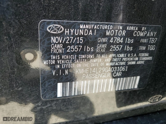 2016 Hyundai Sonata Plug-In Hybrid with VIN KMHE14L29GA031061, listed as a Copart auction lot 55126504 with 53,730 mi miles and Salvage Title. Bid and sale history available at carsss.com. Image 12.