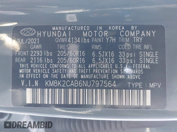 2022 Hyundai Kona SE with VIN KM8K2CAB6NU797564, listed as a IAAI auction lot 41638073 with 47,966 mi miles and . Bid and sale history available at DreamBid. Image 9.