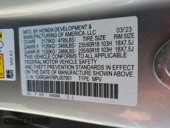 2023 Honda CR-V EX-L with VIN 5J6RS4H79PL007901, listed as a Copart auction lot 49999015 with 19,388 mi miles and Salvage Title. Bid and sale history available at carsss.com. Image 13.