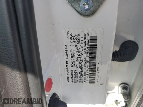 2020 Acura TLX w/Technology Pkg with VIN 19UUB1F5XLA017067, listed as a Copart auction lot 53658725 with 56,007 mi miles and Salvage Title. Bid and sale history available at carsss.com. Image 12.