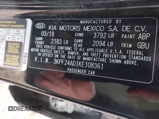 2019 Kia Forte LXS with VIN 3KPF24AD1KE108361, listed as a IAAI auction lot 41929021 with 103,579 mi miles and . Bid and sale history available at carsss.com. Image 9.